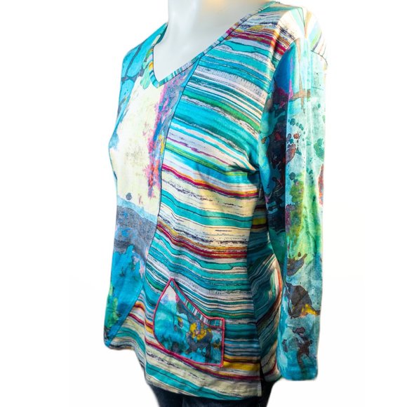 Parsley & Sage Size Small Top Blue Yellow Vibrant Abstract Print Artsy V Neck - Picture 4 of 11